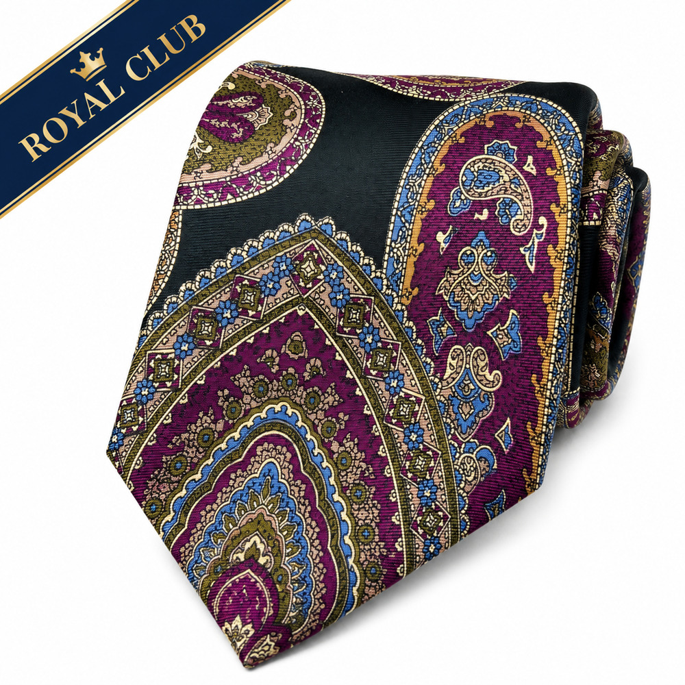 VINTAGE Royal Club 100% Italian Silk Paisley Necktie USA Purple Black Gold